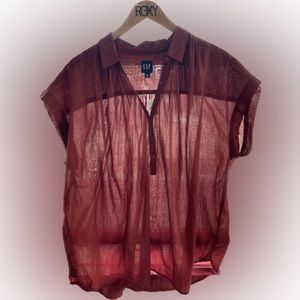 GAP Sheer Short-Sleeve Button-Neck Blouse in Deep Wine